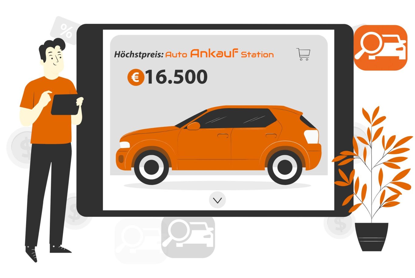 Ein Mann hält ein Tablet, zeigt ein Auto mit Preis und Suchoptionen.